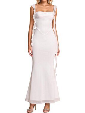 Women's White Boat Neck Elegant Ruffle Bodycon Formal Cocktail Maxi Dress